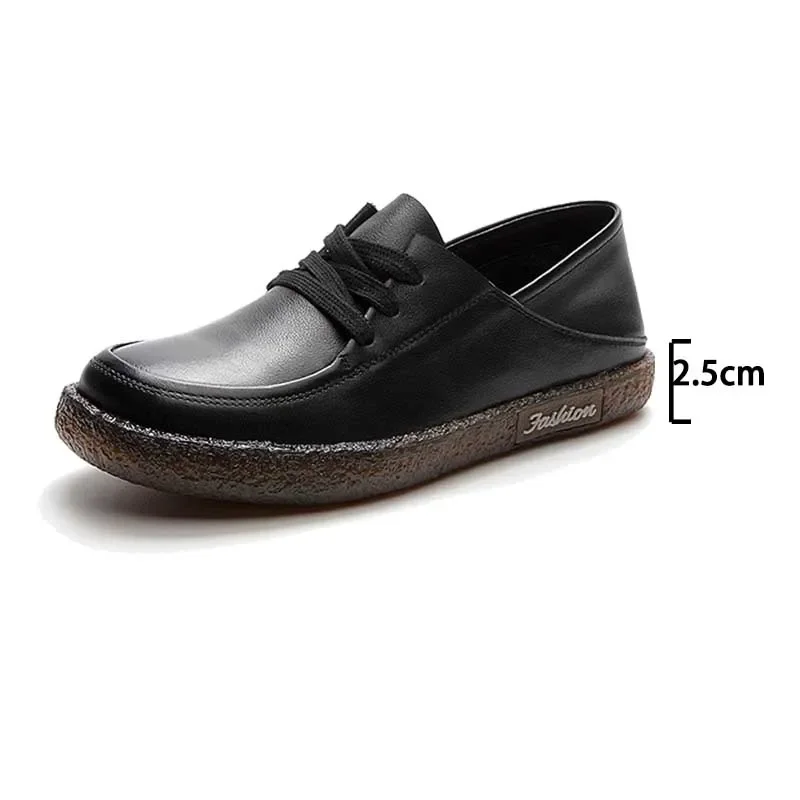 2.5cm Genuine Leather Women Oxfords Breathable Shoes Flats Comfy Lace Up Chunky Sneakers Spring Platform Wedge Loafer Slippers 2