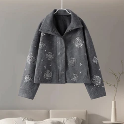 Luxurious Chic Woolen Coat with Stand Collar and Sequined Snowflake Design - XS (Gray Coat)