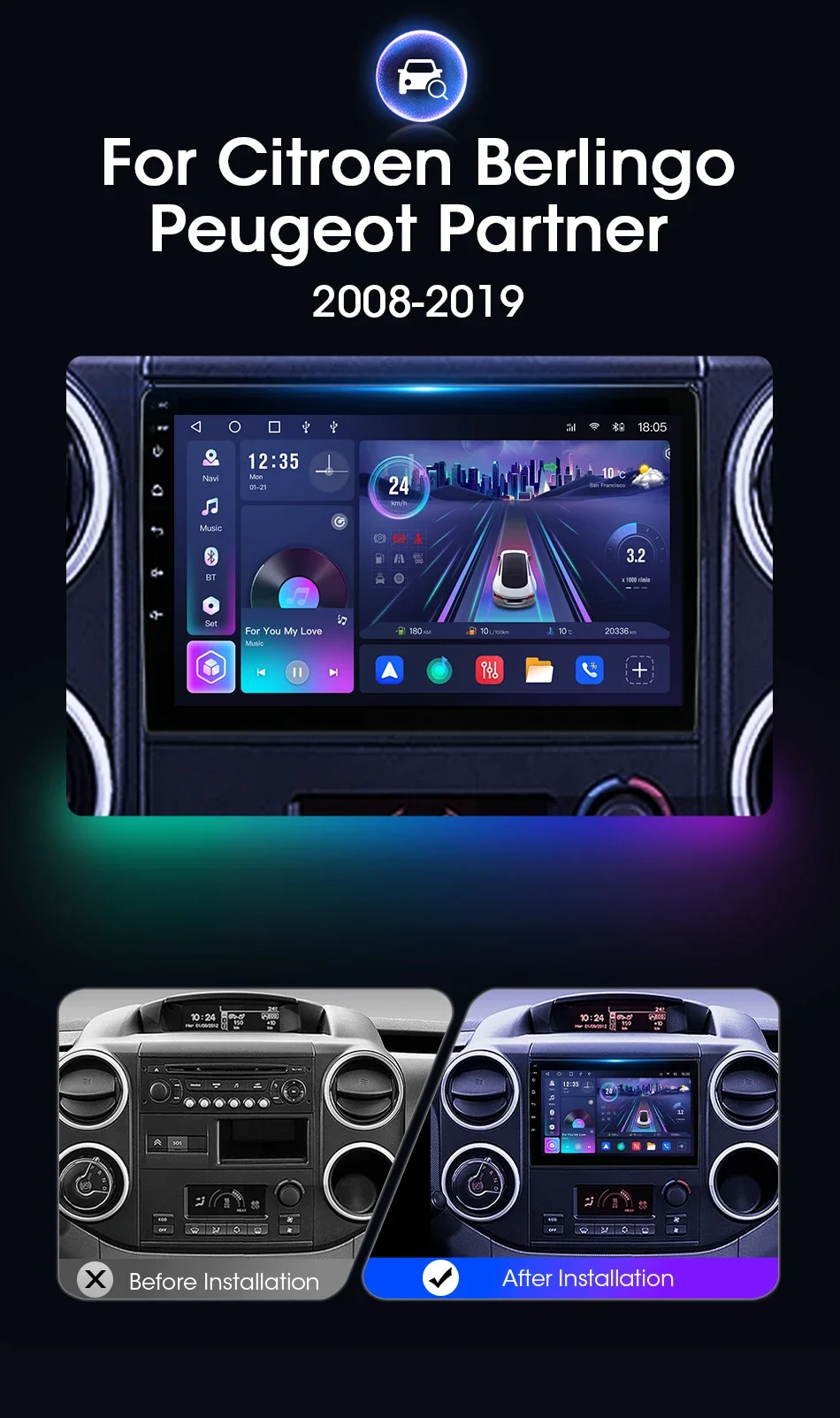 Srnubi 2 Din 8-Kern Android Autoradio CarPlay Auto GPS WiFi BT Touchscreen für Citroen Berlingo 2 B9 Peugeot Partner 2008-2019 – Detail 2