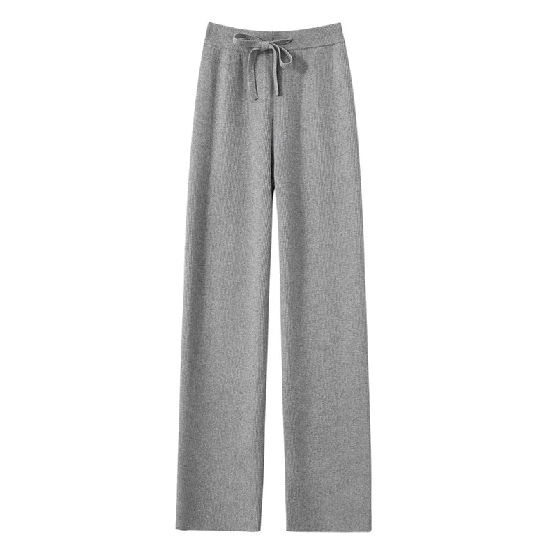 Knitted Wide Leg Pants Women Autumn Winter Warm Elastic Lace Up Straight Trousers Vintage High Waist Stretch Pantalones S-Xl