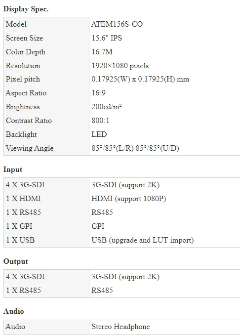 ATEM156S-CO 15.6 Inch Multi Camera Broadcast Carry-on Monitor D LUT HDR Waveform