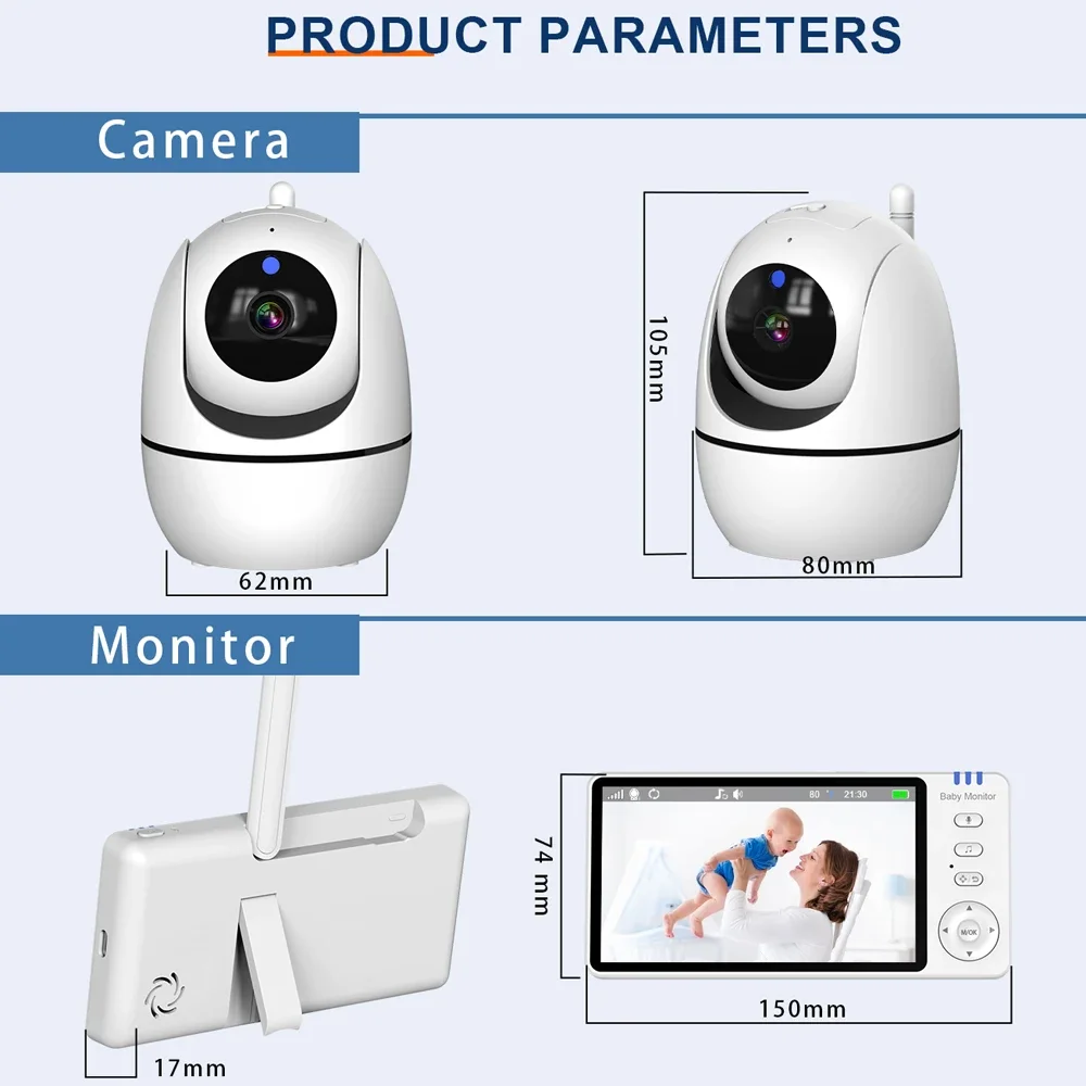 5.0" Video Baby Monitor With Pan Tilt Camera 2.4G Wireless Two Way Audio Night Vision Security Babysitter VOX Wake Up USB Charge