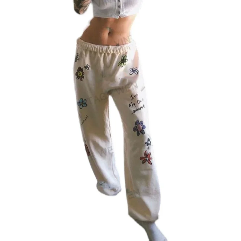 Retro Khaki Graffiti Casual Track Sweatpants Women's Loose Trousers Personality