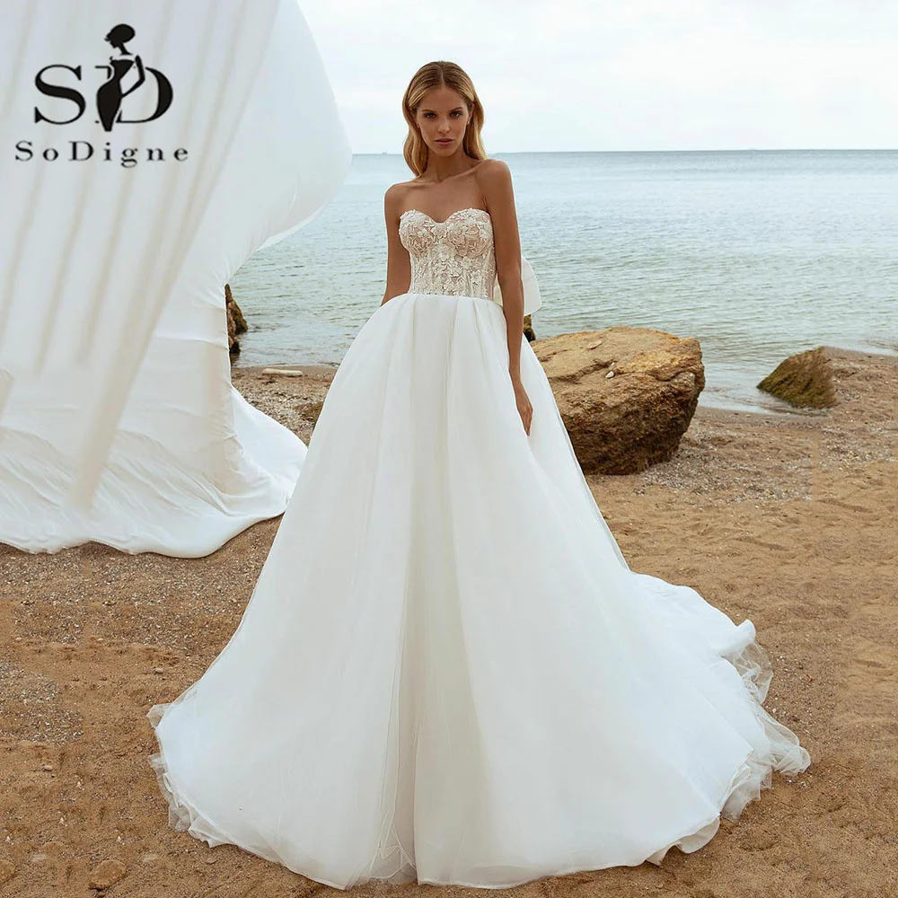 

SoDigne Boho Princess Wedding Dresses 2022 Sweethearts Lace Appliques Tulle Backless Long Tulle Bridal Gowns Custom Made