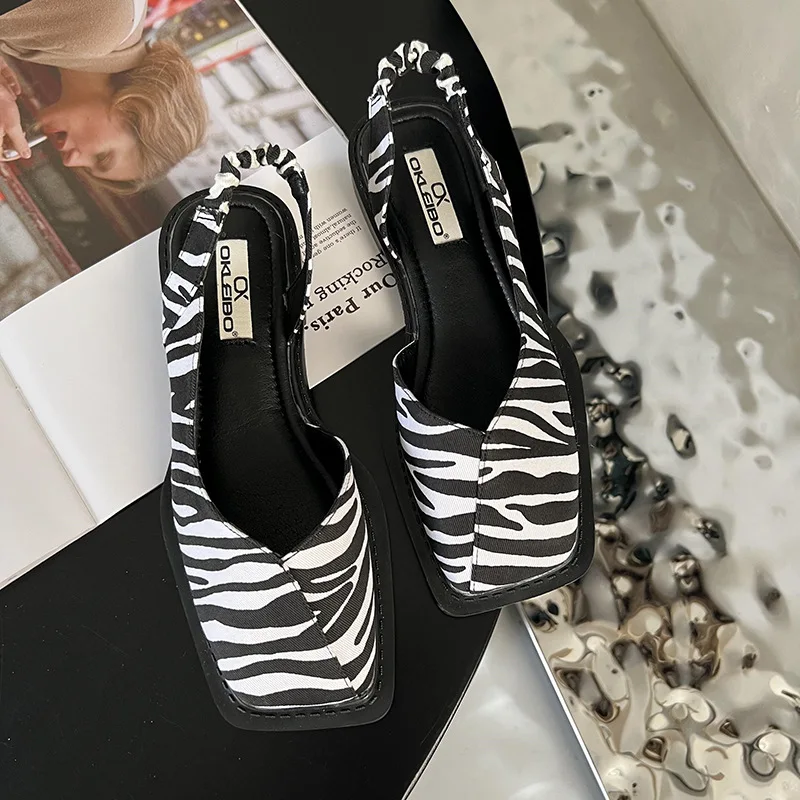 Ladies Sandals Square Toe Summer Elegant  Fashion Ladies Elastic Band Flat Heel Women Shallow Party Shoes Square Heel Sandal 4
