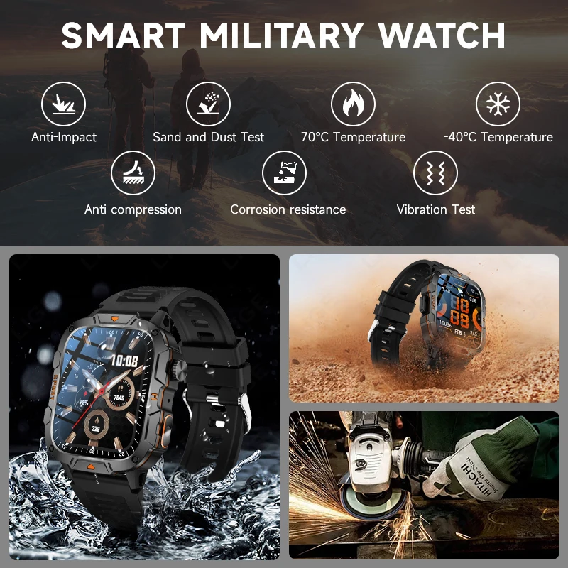 LIGE 2025 Rugged Military Smart Watch Men's Outdoor Watch1.96" HD Touch Screen LED Flashlight Voice Bluetooth Call Smartwatch