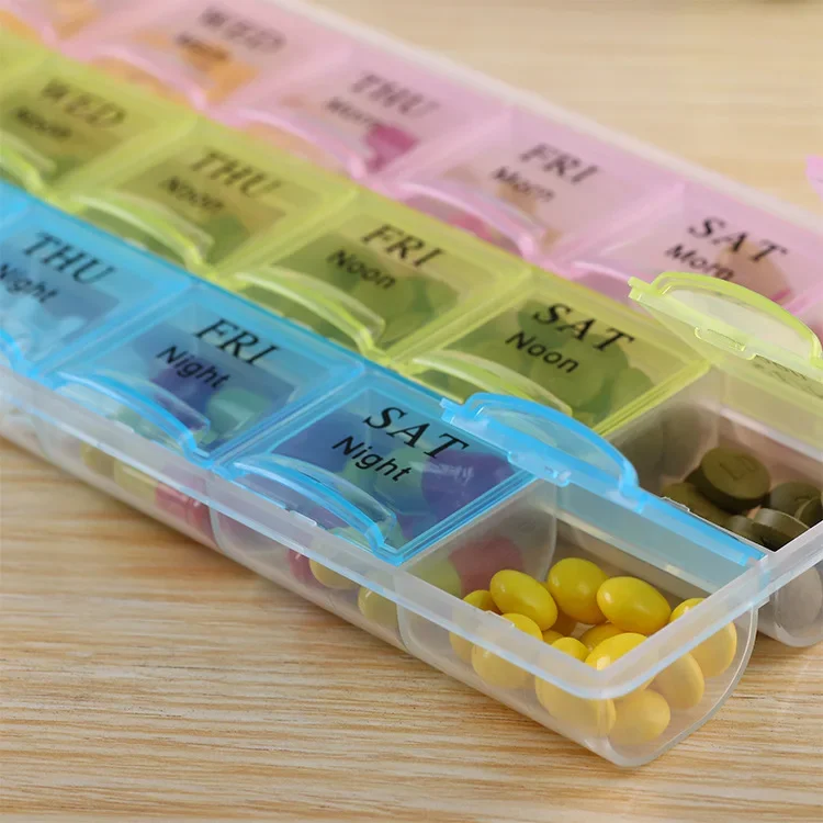 Weekly Pill Organizer and Storage Box with 2-3 Rows and Multiple Compartments