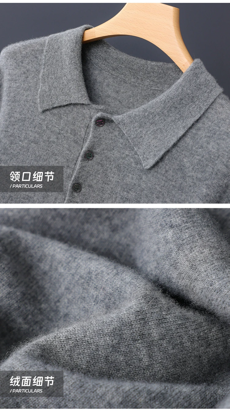 قميص بولو رجالي قصير الأكمام من الكشمير 100٪ للأعمال والملابس غير الرسمية، سترة للربيع والصيف