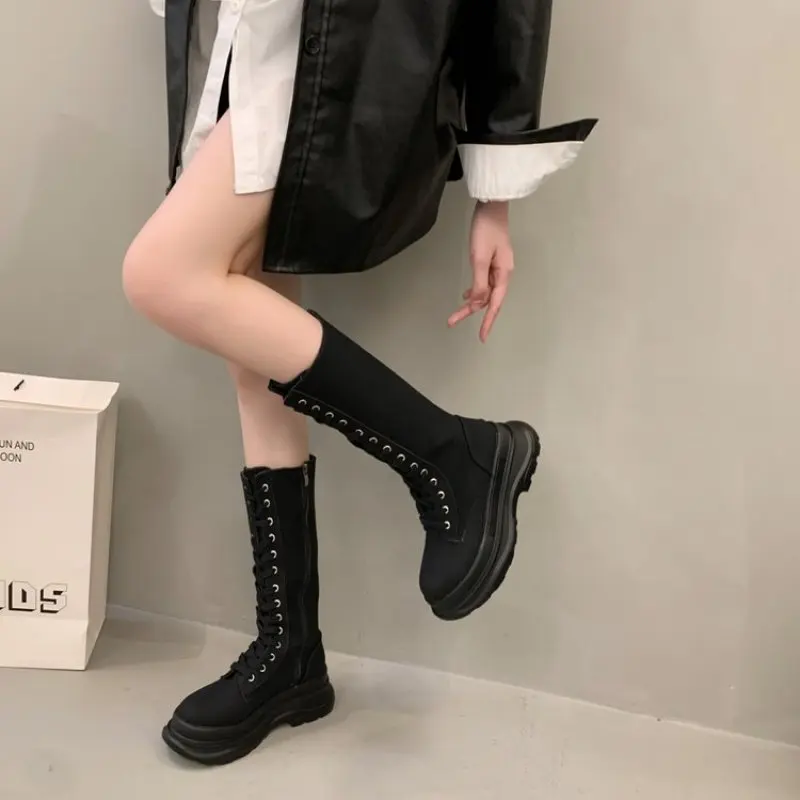 여성용 캐주얼 증가 플랫폼 부츠, 신상 디자이너 단색 신발, 가을 겨울 무릎 높이 나이트 부츠, 신상