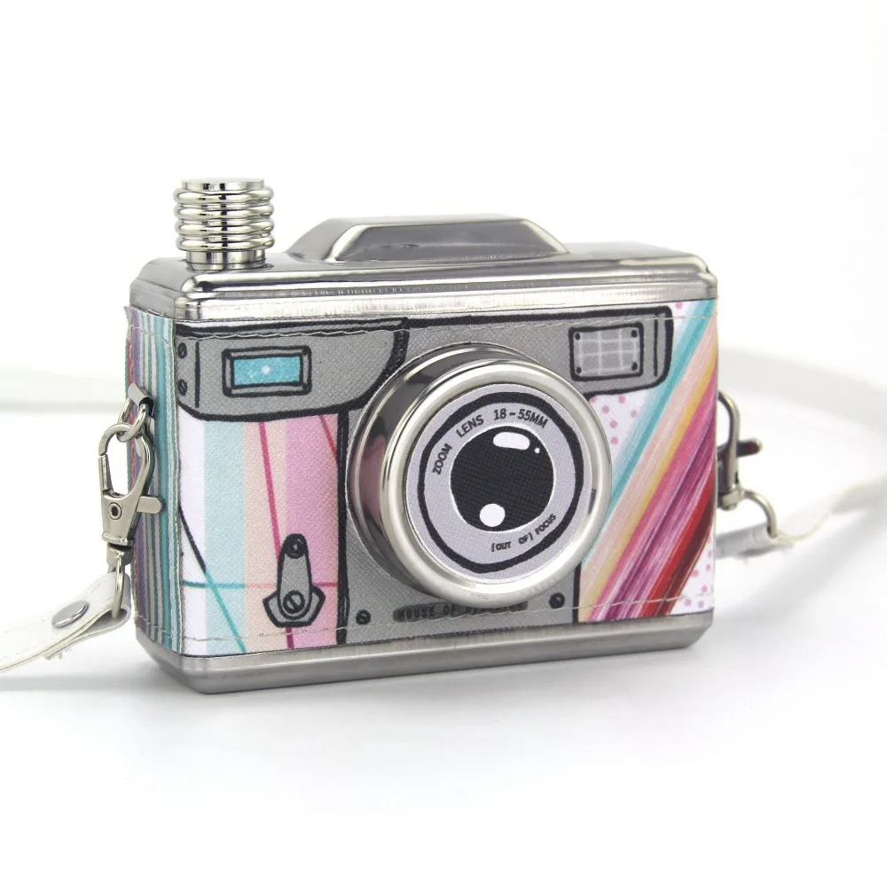 스테인리스 스틸 카메라 모양 힙 플라스크 탈부착 가능한 스트랩 위스키 용기 병 누수 방지 11온스 325ml 위스키 플라스크