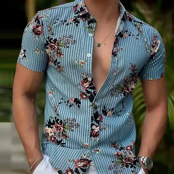 Fashion Nation Style Summer Man's Shirt 3D Printing Stand Collar Single-Breasted Short Sleeve Loose Hawaiian Henley Casual Shirt Short Blue