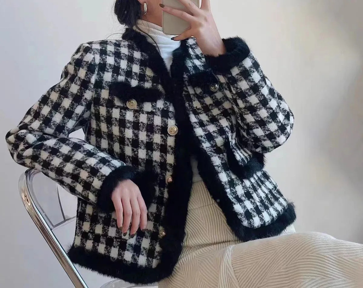 Vintage Plaid Jacket Women Patchwork Cropped Coat Winter Korean Elegant Thick Warm Short Outerwear