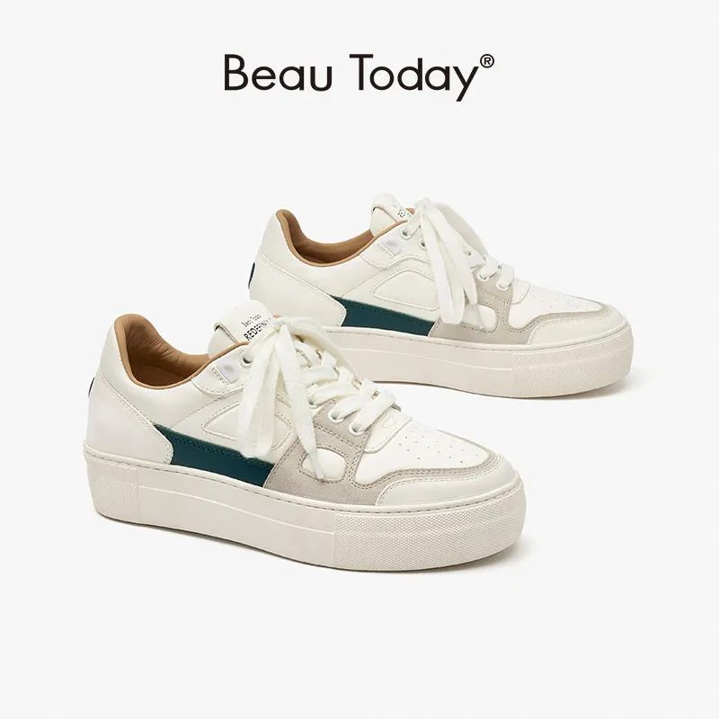 

BeauToday Casual Sneakers Women Genuine Cow Leather Mixed Colors Lace-Up Platform Round Toe Shoes Ladies Flats Handmade 29004