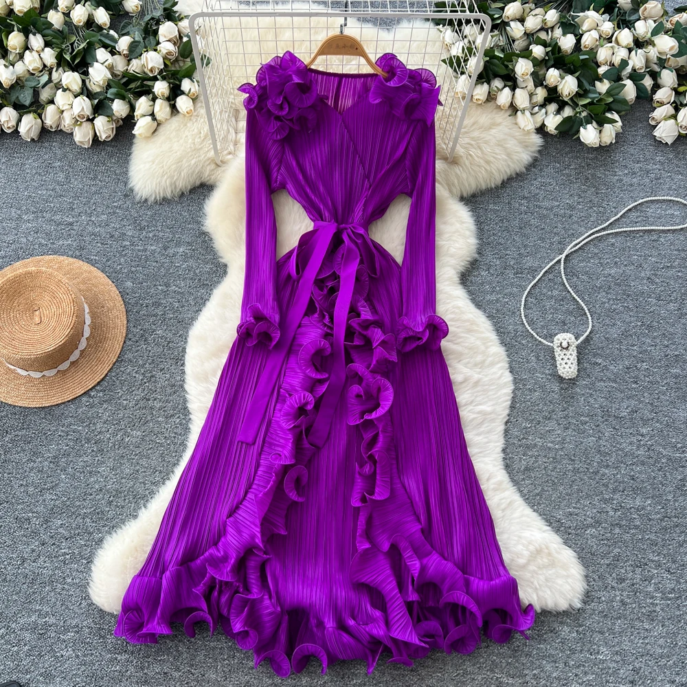 Retro Elegant Spliced split long sleeve Edible Tree Fungus dress High Waist Women autumn winter Dress
