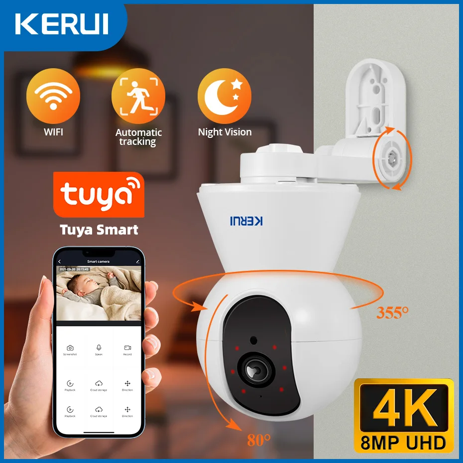 KERUI Indoor 4K HD Tuya Smart WiFi IP Camera Wireless 5MP 8MP Home Security CCTV Surveillance Camera with Side-mounted Brackets 1