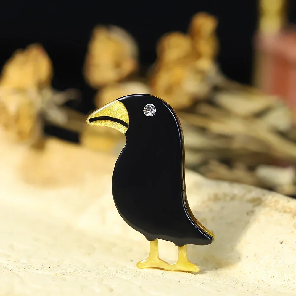Handmade Black Acrylic Crow Bird Brooch - Scarf Pin & Badge Gift