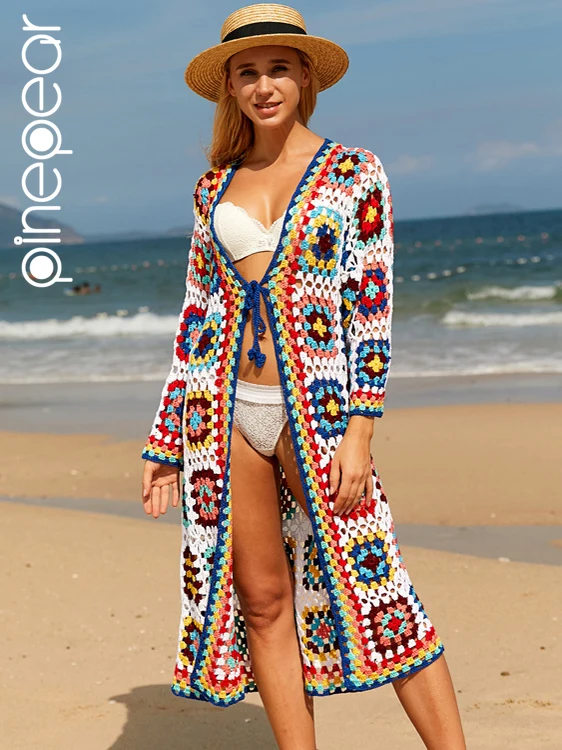 

PinePear Summer Holiday Beach Long Cardigans 2024 Fashion Vintage Colorful Floral Knit Dress Beachwear Loose Hollow Out Overcoat