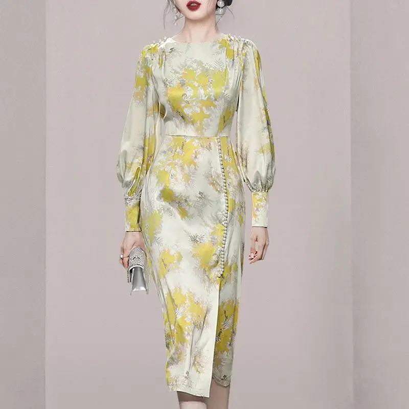 

Women's Spring Autumn Fashion Elegant Round Neck Printed Dingzhu Style Versatile Bubble Sleeves Slim Fit Mid Length Split Dress