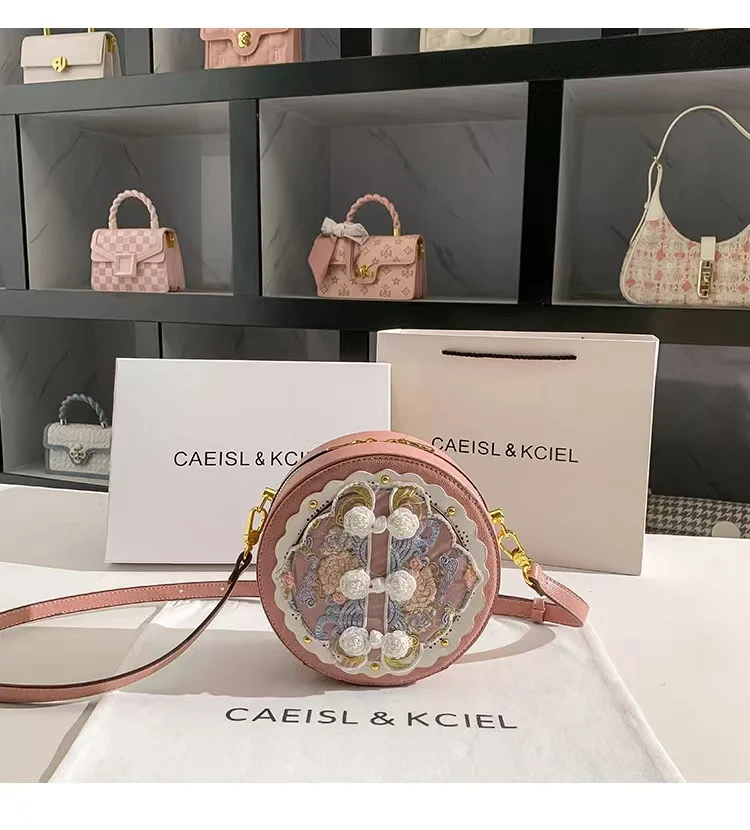 High Quality Women Fashion Lace Handbag Floral Pearl Beaded Embroidery Circular Bag Lady Purse Female Shoulder Crossbody Bag