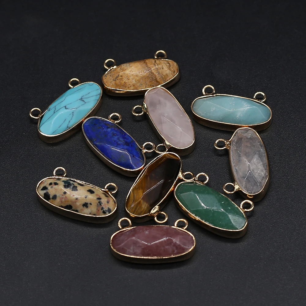 

Natural Stone Pendant long Oval Faceted Two Ear Hole Connector Exquisite Charms For Jewelry DIY Necklace Bracelet Earring Making