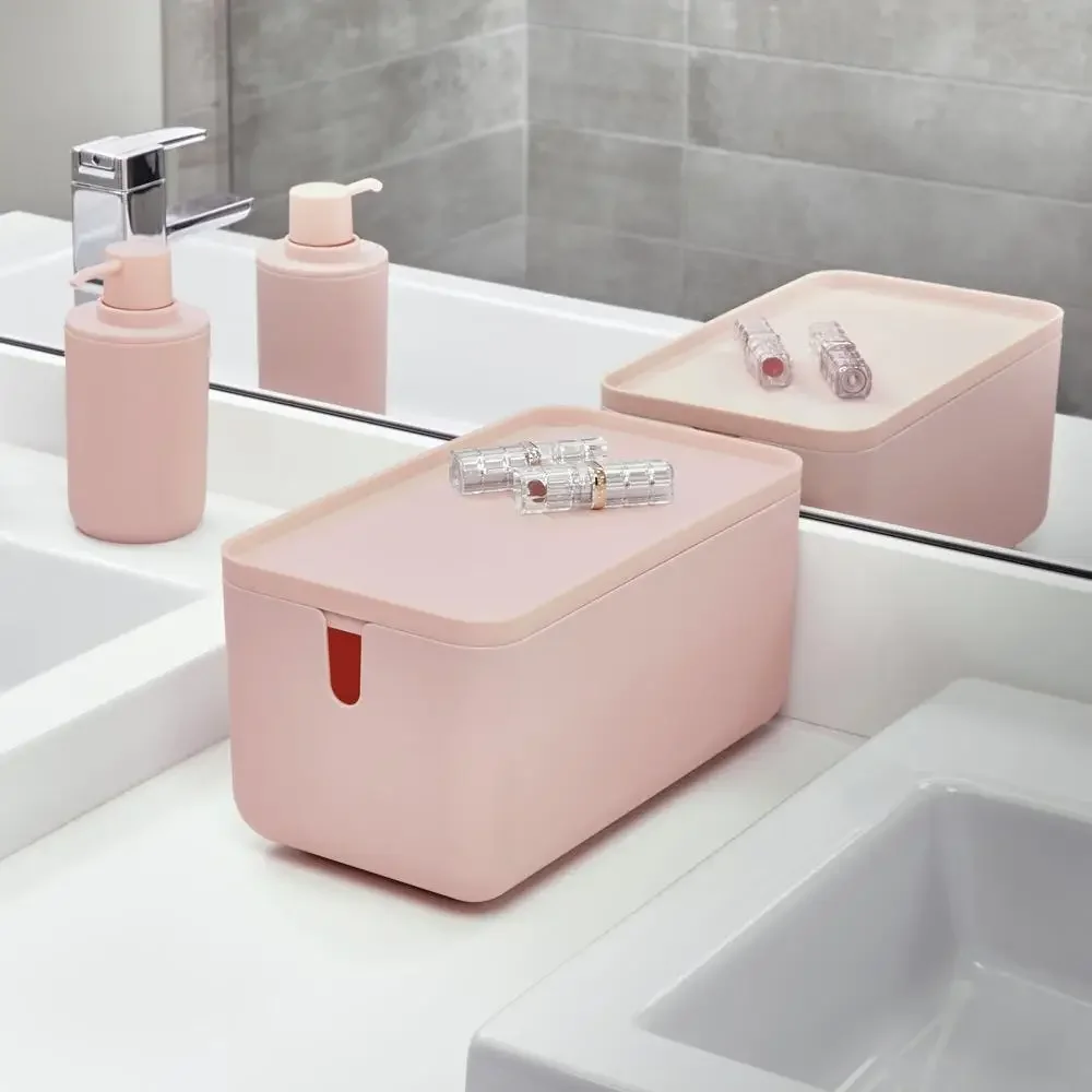 Blush Toilet Paper Storage Bin Stackable Non-Skid Feet Lid BPA-Free 11.88"x6.38"x5.75" Organize Bathroom Compact Storage