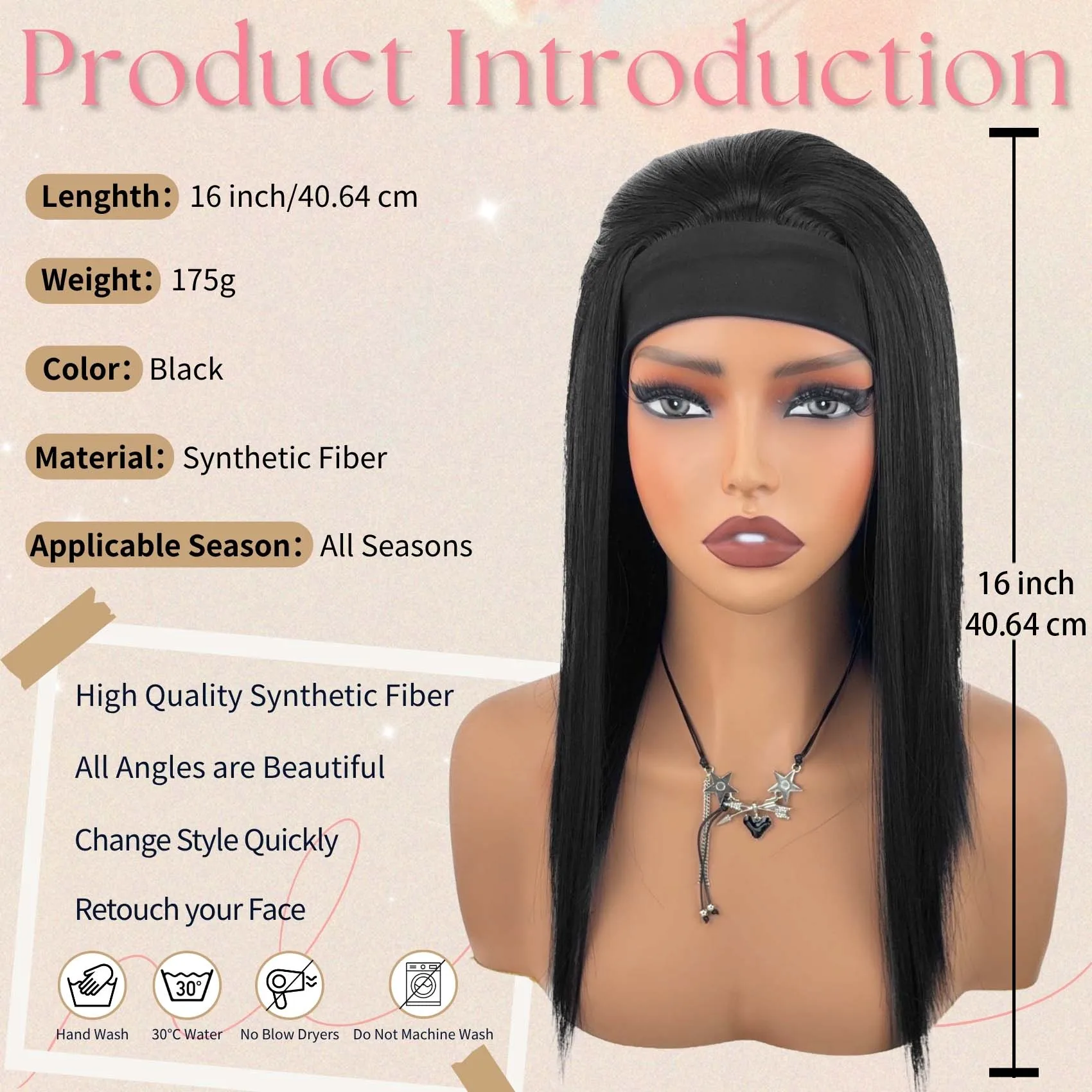 Women's Headband Wig, Black Straight Synthetic Hair, No-Glue Headband Wig, Suitable for Black Women 3