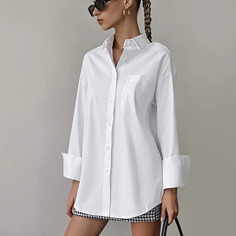 

Solid Color Simple Fashion Casual Loose Clothes White Shirts Summer New Turn Down Collar Blouse Long Sleeve Women Tops 28686