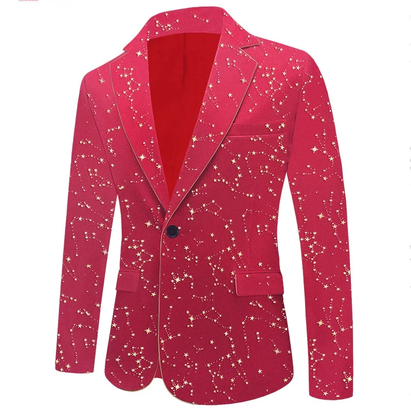 Luxury Gold Star Velvet Men Dress Blazer Black One Button Lapel Collar Suit Jacket Embroidery Fashion Wedding Party Prom Costume