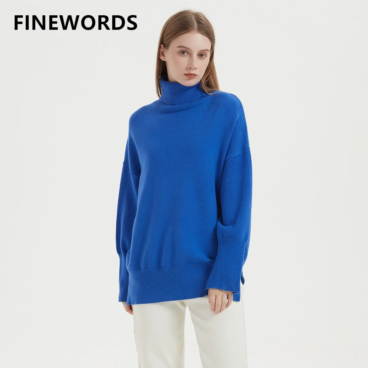 

Зимний однотонный вязаный свитер FINEWORDS с высоким воротником, Женский Теплый корейский плотный Повседневный пуловер с длинным рукавом, винтажные свободные свитера