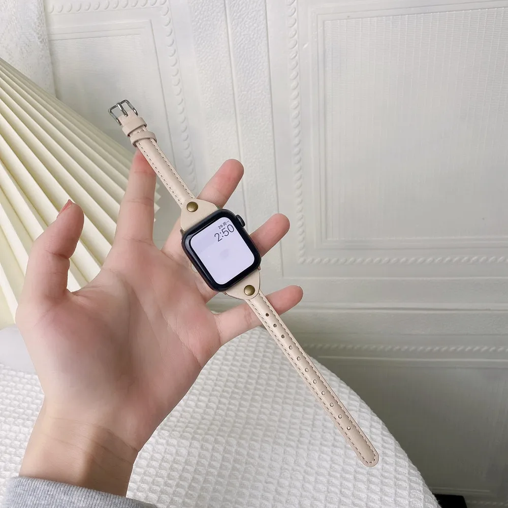 

Женская кожаная Петля 40 мм 44 мм для Apple Watch 38 мм 42 мм 41 мм декоративный ремешок для ногтей для iWatch SE3 2 1 4 5 6 7 45 мм тонкий ремешок
