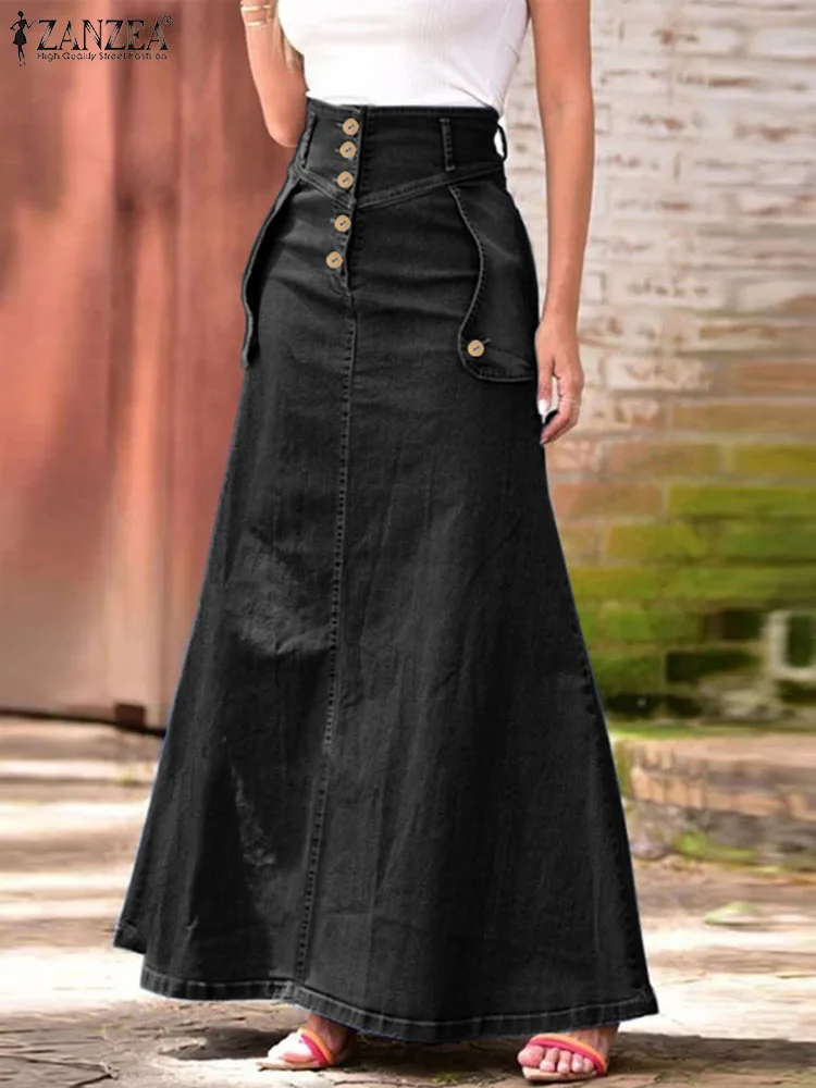 

ZANZEA Fashion Women High Waist Office Lady Maxi Skirts Elegant Blue Denim Skirt Female Clothing Long Skirt Autumn Faldas Saia