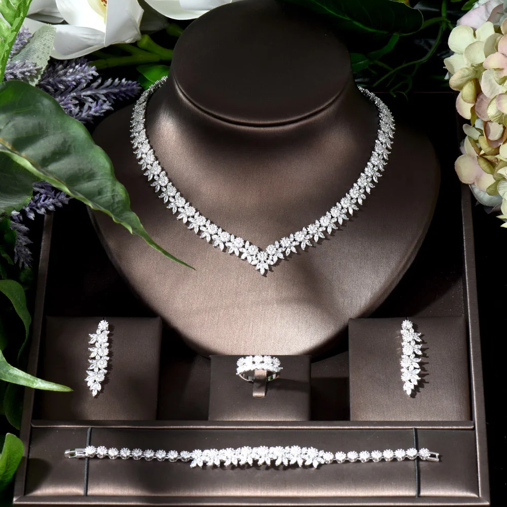 

Fashion Clear Shinly Cubic Zirconia Jewelry Sets for Women Bridal Party Leaf Shape Necklace Sets Nigeria Wedding bijoux N-1112