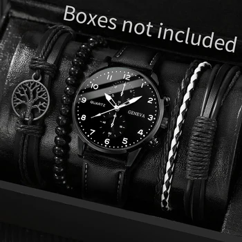 5PCS/Set Men's Watch Fashion Arabic Dial Analog Quartz Watches Vintage Leather Bracelets Set（Without Box）