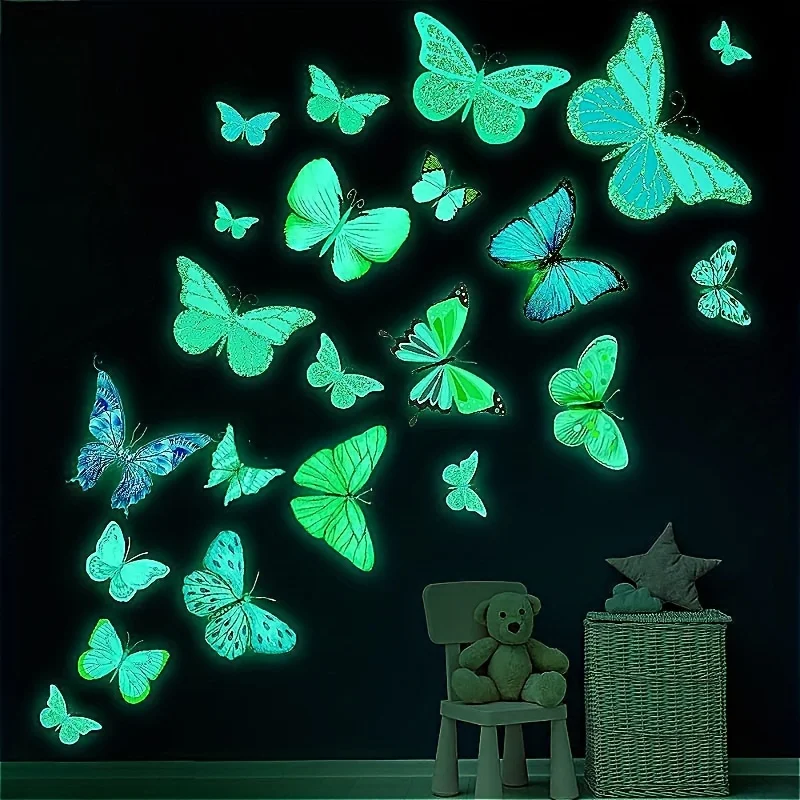12pcs Glow-in-the-Dark 3D Butterfly Wall Decals - UV Luminous Stickers
