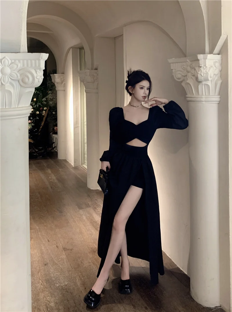 Elegant Black Long Dresses for Women Long Sleeve Square Collar Hollow Out High Slit Evening Party Dress Prom Robe Vestidos Mujer