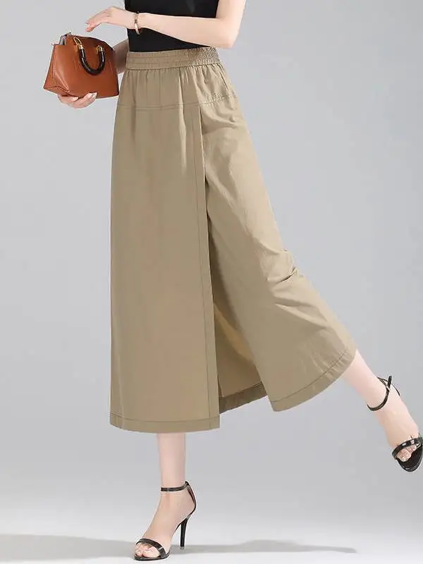 Summer Thin Ice Silk Wide Leg Pants Women's Loose Casual Trousers Skirt Pants Drapey Seven-Foot Pants High Waist Pants