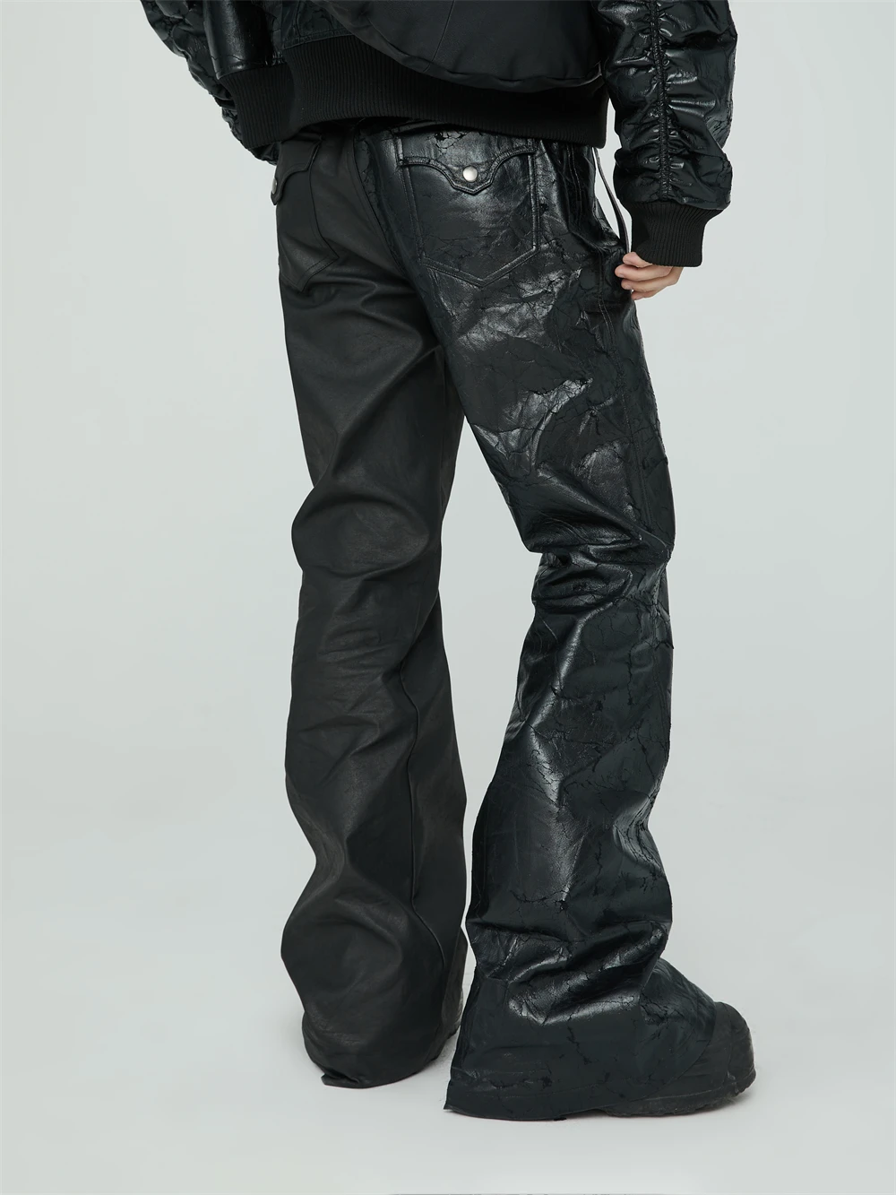 Hand Coated slim-fit Wax Top Splicing Black PU Leather Pants