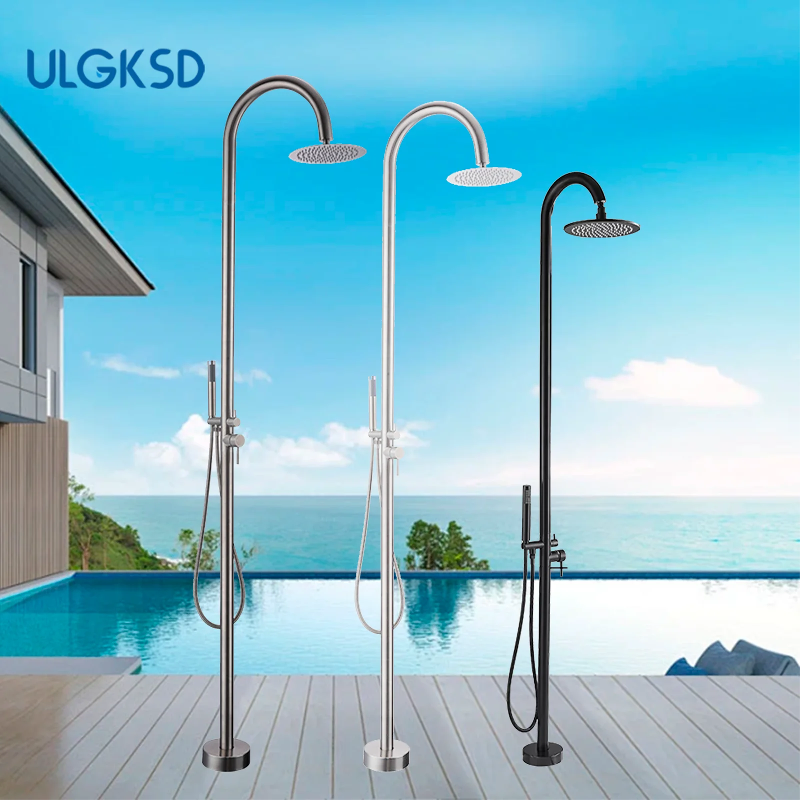 ยืนอ่างอาบน้ํา 304 ก๊อกน้ําสแตนเลสสระว่ายน้ําชายหาด Commercial ก๊อกน้ําทองเหลือง Handshower ห้องน้ํา TAP 1