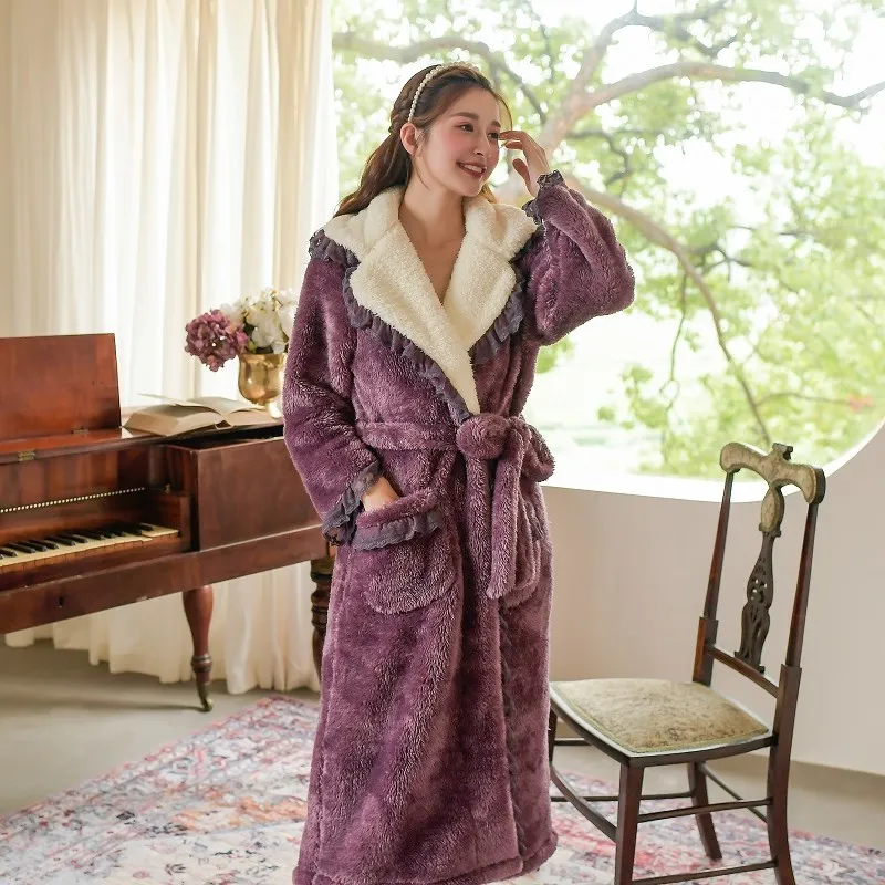 autumn-winter-soft-warm-sweet-women's-thick-flannel-bathrobe-vintage-princess-big-pocket-plus-size-loose-nightwear-bride-robes