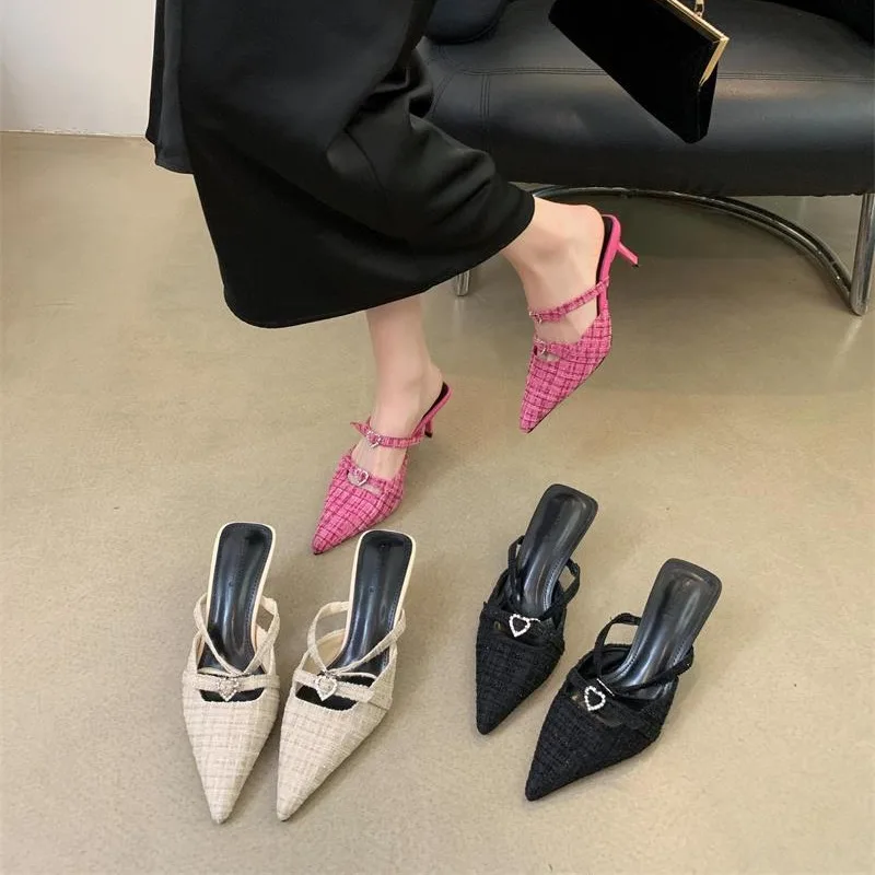 

Shoes Low Thin Heels Pointed Toe Heeled Mules Ladies' Slippers Glitter Slides Slipers Women High Jelly 2024 PU Rome Retro Fabric