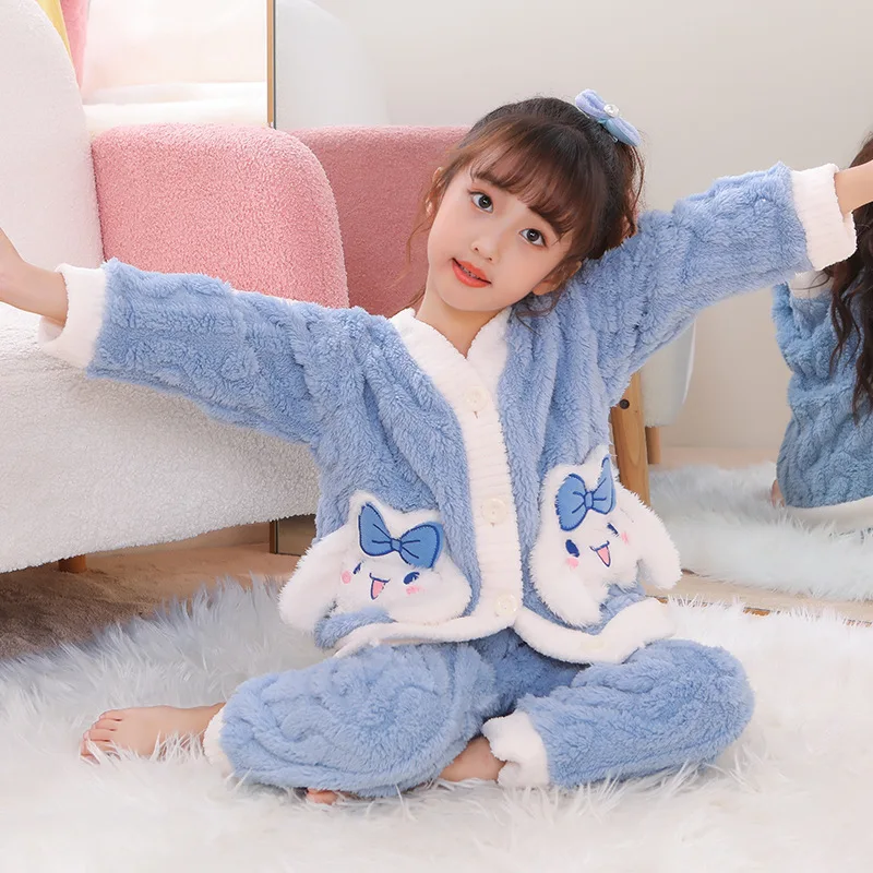 Sanrioed Cinnamoroll Thicken Children Pajamas Set Kuromi Winter Boy Girl Flannel Fleece Warm Sleepwear Kids Home Suit Kids Gift animation kuromi winter children plush thicken pajamas sanrioed cinnamoroll pochacco flannel coral fleece keep warm kid clothing