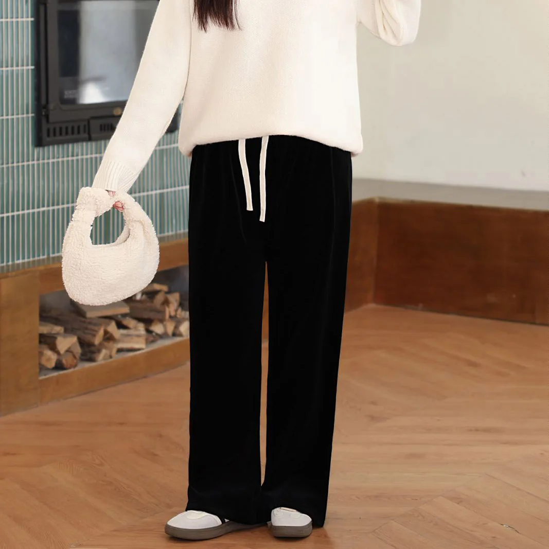 XXXXL Fashion Plus Size Women's Straight Pants Premium Autumn Winter New High Waisted Velour Composite Thick Wide Leg Trousers