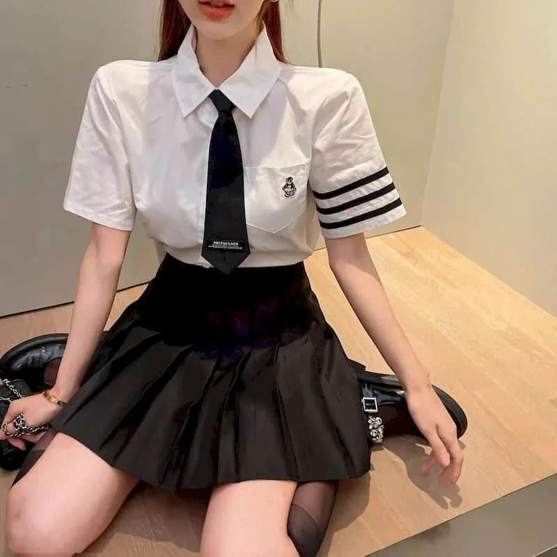 JK 유니폼 일본 한국 스타일 정장 드레스 여성, 프레피 스타일 화이트 반팔 셔츠, 하이웨이스트 플리츠 스커트 세트, 여름