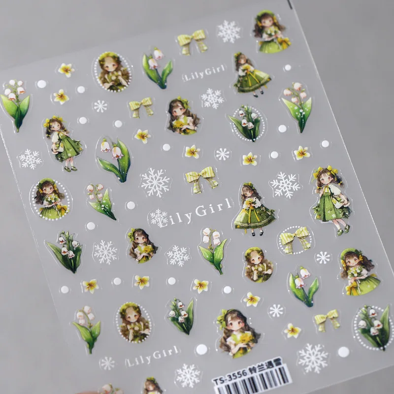 Lovely Lily of The Valley Girls Cartoon 5D Embossed Reliefs Self Adhesive Nail Art Stickers Cute 3D Manicure Decals