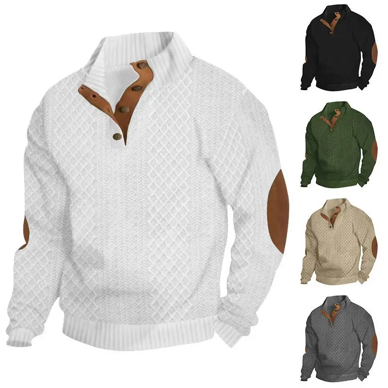 Men's Waffle Knit Quarter Zip Pullover with Contrast Trim and Elbow Patches Casual Long Sleeve Sweater