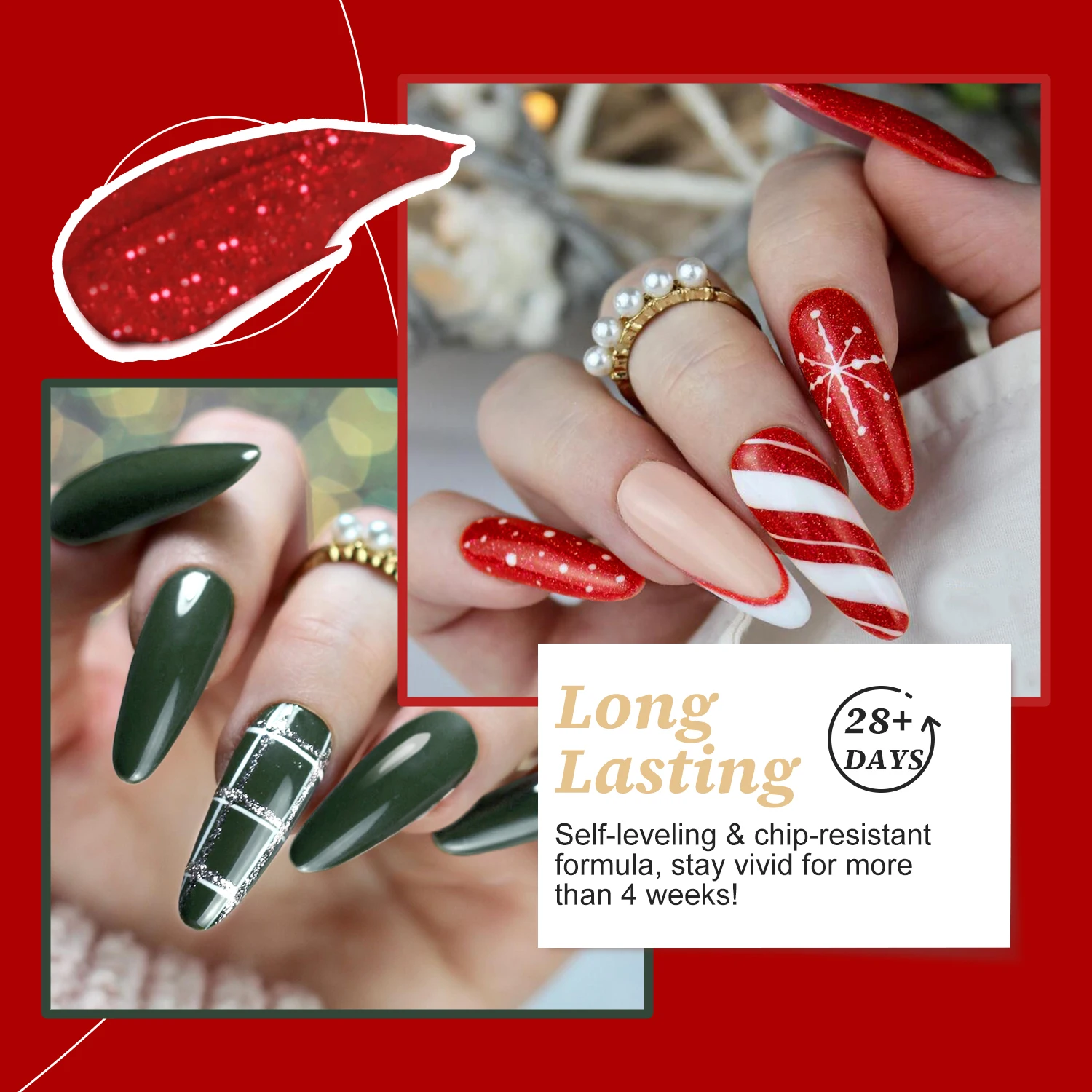 4x12ml Gel Nail Polish Set, 4 Colors Glitter Red Dark Green White Gold Gel Polish for Christmas Party Salon Manicure Women Gift 3