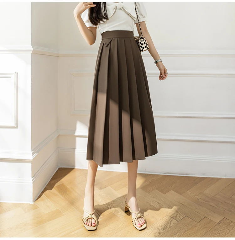 2022 Spring Summer Women's Elegant Pleated Suit Skirts High Waist Fashion Office Ladies Elastic Waist A-line Midi Skirt Vintage brown skirt