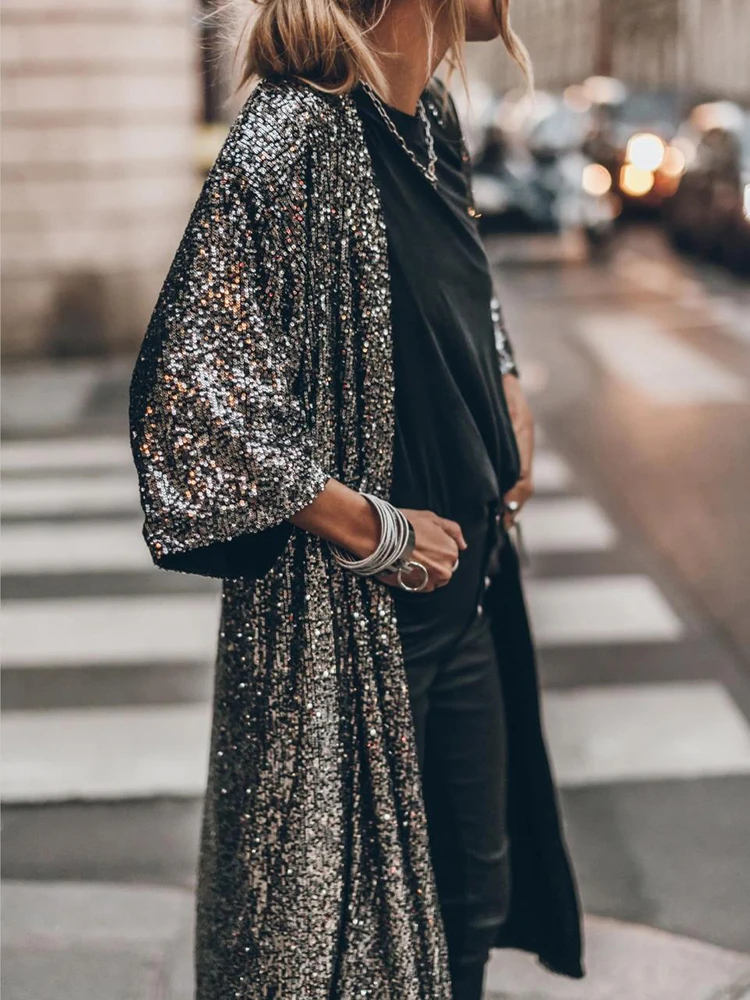 Glitter Sequin Long Blouses Womens Shiny Streetwear Club Party Cardigan Tops Long Sleeve Sparkle Coat Silk Y2K Robes