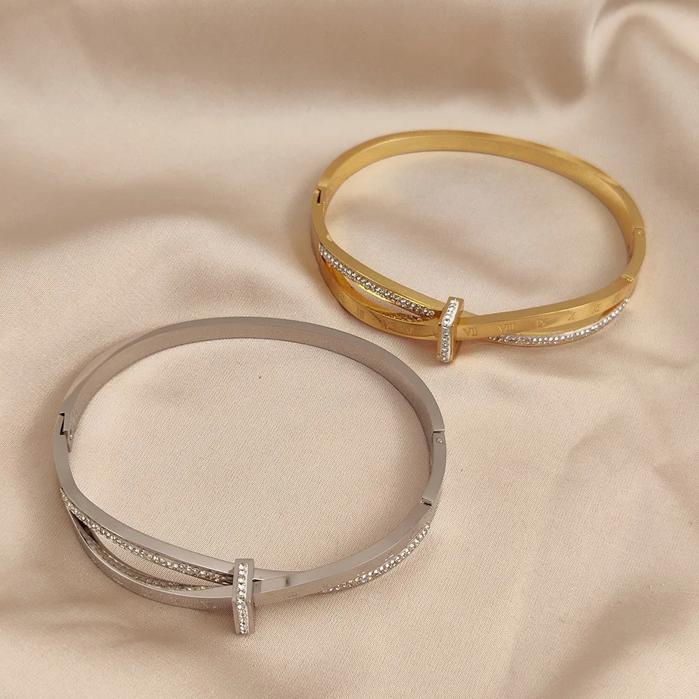 New Knotted Hollow Zircon Gold Plated Stainless Steel Women's Bracelet, High Quality Waterproof Silver Bracelet 4