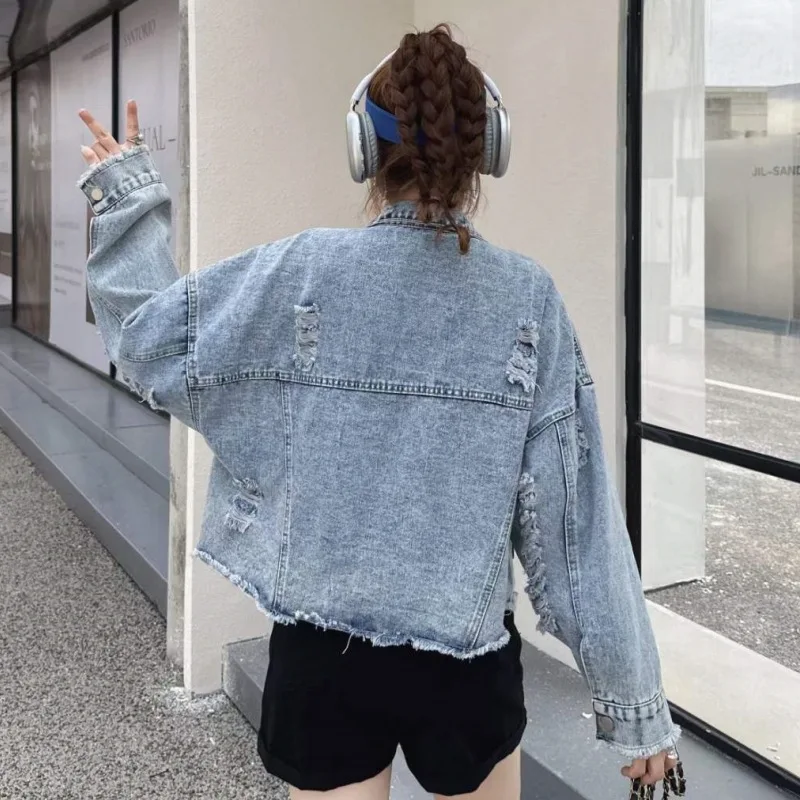 Fashion Brand Beaded Sequins Short Cartoon Denim Coat Female 2024 Spring and Autumn New Loose Long Sleeve Women Jacket